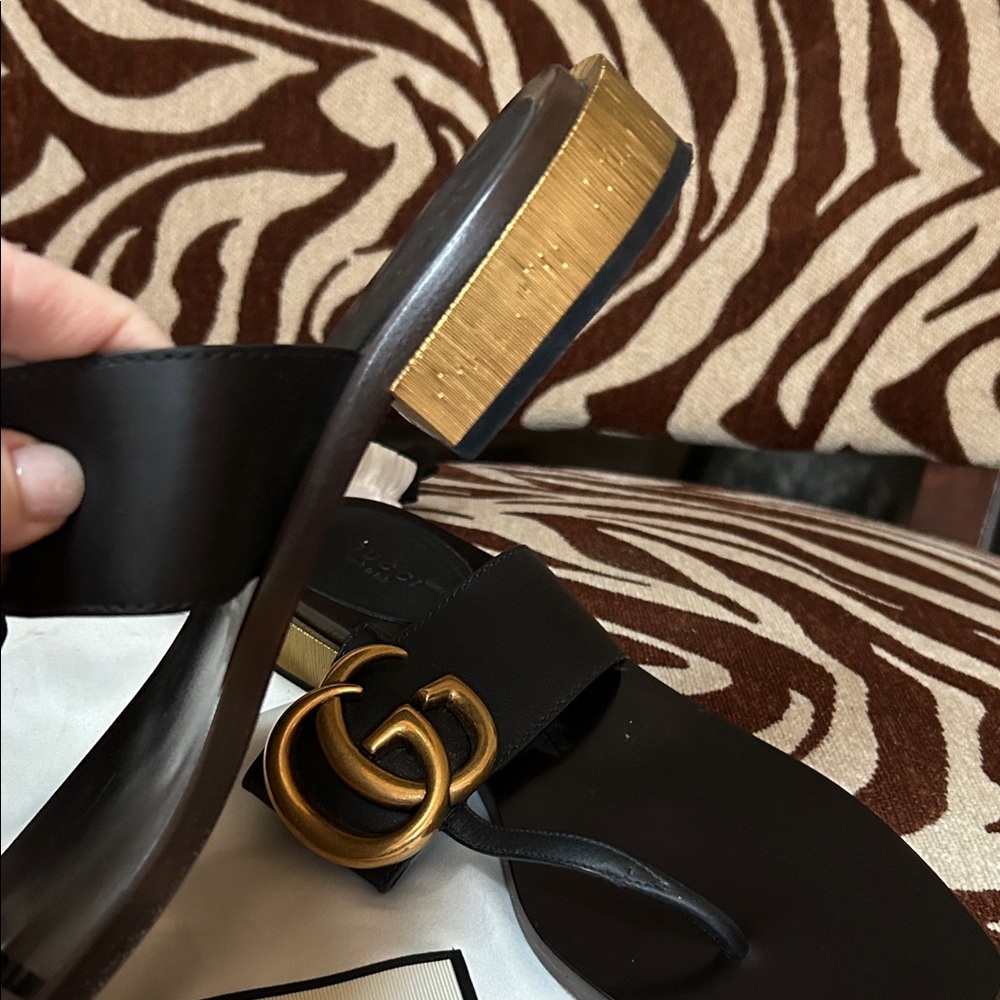 Gucci Black Marmont Sandals with Gold Heels - Picture 3 of 10